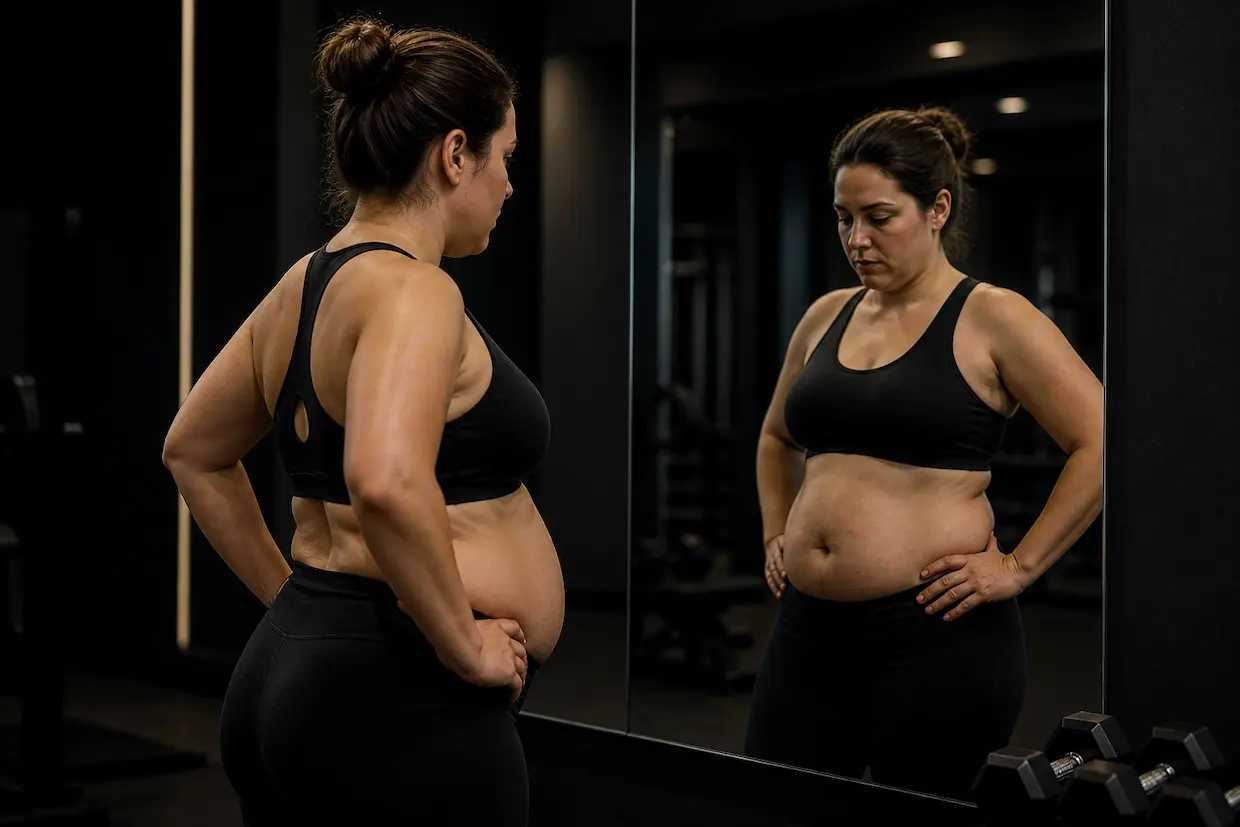 Woman with abdominal fat representing difficulty losing fat despite calorie restriction