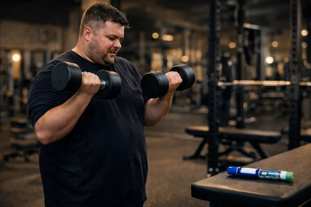 Athletic man performing a strength training movement with dumbbells to represent muscle preservation during weight loss