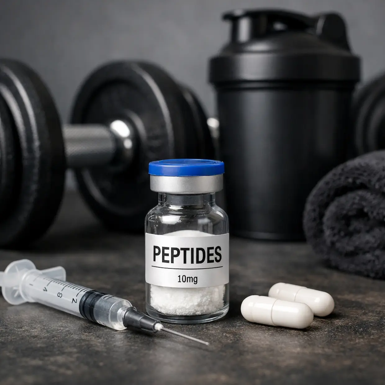 Peptide vial with syringe and capsules on gym floor with dumbbell and shaker bottle representing fitness and recovery support